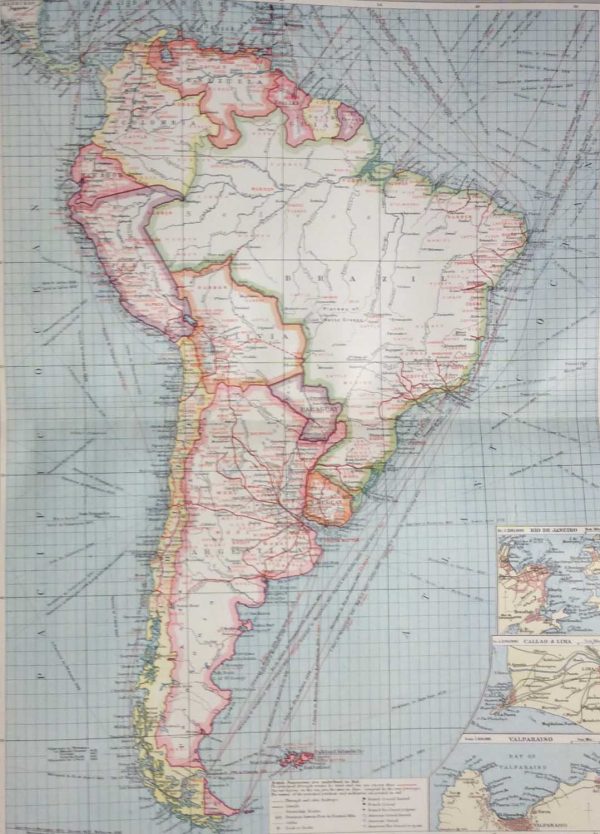 Antique Map from 1907 titles South America Industries and Communications.  The map outlines the countries in colour giving an insight into commerce at that time.