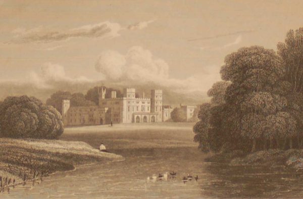 Sundorne Castle Shropshire, antique print, an engraving from the late Georgian period. The original drawing was done by J P Neale.