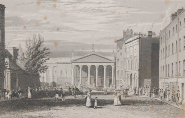 College Street Dublin, 1832 Antique Print.  The print was engraved by B Winkles and is after a drawing by George Pertrie.
