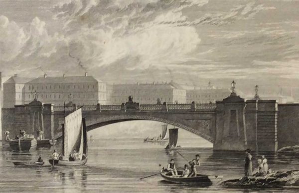 Antique print from 1832 of The Kings Bridge Dublin (Mast View) & Royal Barracks in Dublin, Ireland.  The print was engraved by T Higham and is after a drawing by George Pertrie.