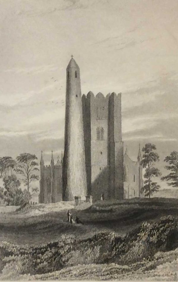 The Round Tower, Belfry & Church of Swords, 1832 Antique Print. The print was engraved by Robert Brandard and is after a drawing by George Pertrie.