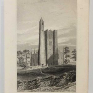 The Round Tower, Belfry & Church of Swords, 1832 Antique Print. The print was engraved by Robert Brandard and is after a drawing by George Pertrie.
