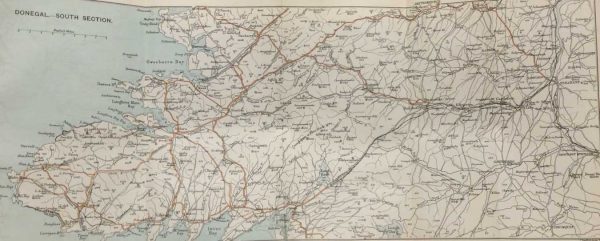 Antique map of Donegal South Section from 1887 from 1887. Map shows from Strabane in County Derry over to Malin Bay and as far north as Letterkenny ( small part).