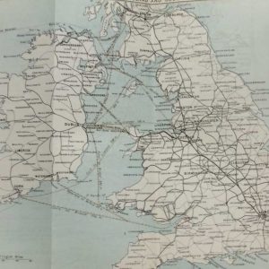 Antique map sketching routes from Ireland to England and Scotland from 1887. Some of the routes include Cork to Bristol, Waterford to Milford and Dublin to Glasgow.