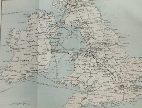Antique map sketching routes from Ireland to England and Scotland from 1887. Some of the routes include Cork to Bristol, Waterford to Milford and Dublin to Glasgow.