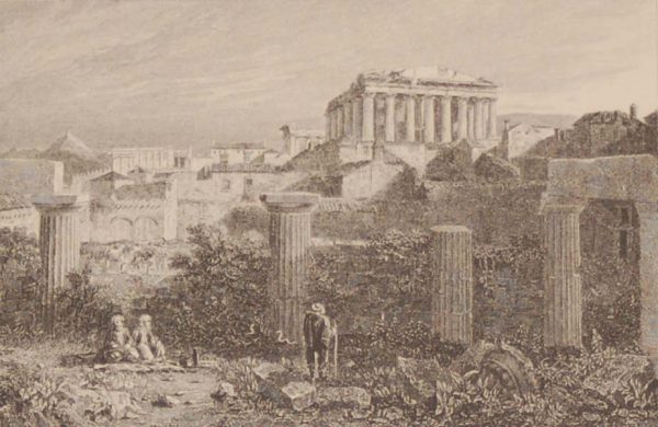 Antique print Greece, 1892 steel engraving of the Interior of the Acropolis of Athens, from the Propylea.