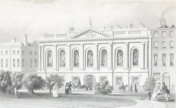 Antique print from 1832 of the College of Surgeons, Dublin, Ireland. The print was engraved by W Woolnoth and is after a drawing by William Bartlett.