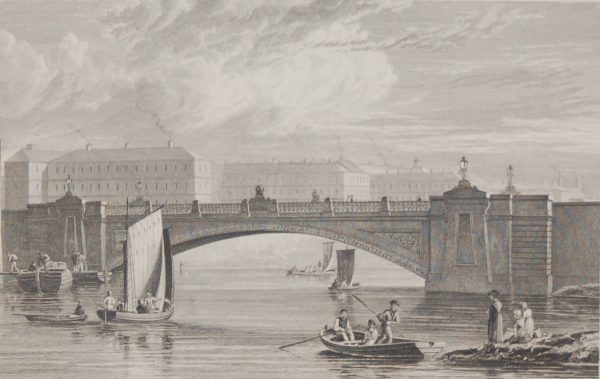 Antique print from 1832 of The Kings Bridge Dublin (East View) & Royal Barracks in Dublin, Ireland.  The print was engraved by T Higham and is after a drawing by George Pertrie.