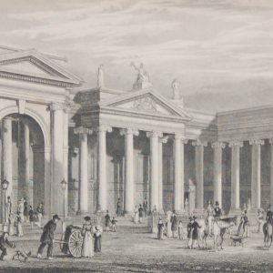 Antique print from 1832 of the Bank of Ireland, South Portico, Dublin. The print was engraved by Benjamin Winkles and is after a drawing by George Petrie.