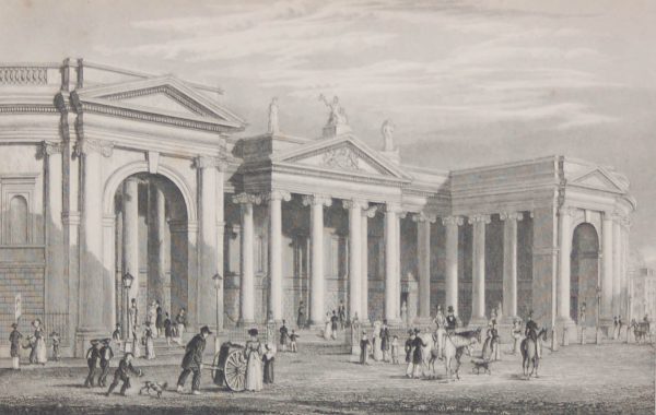 Antique print from 1832 of the Bank of Ireland, South Portico, Dublin. The print was engraved by Benjamin Winkles and is after a drawing by George Petrie.