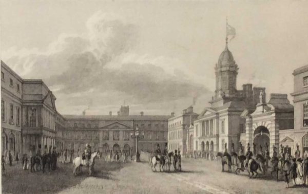 Antique print from 1832 of the Great Court Yard, Dublin Castle. The print was engraved by Edward Goodall and is after a drawing by George Petrie.
