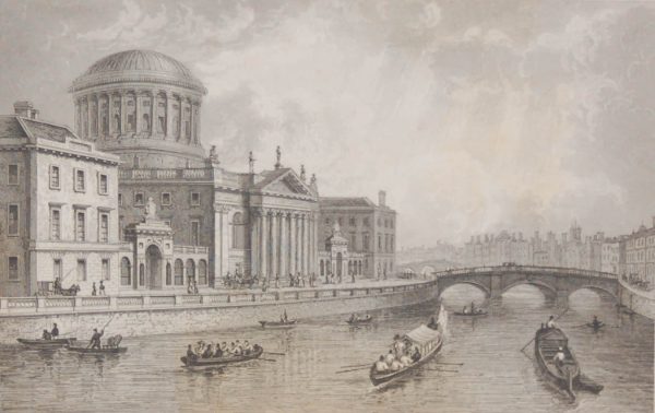 Antique print from 1832 of the Four Court's Dublin. The print was engraved by Owen and is after a drawing by William Bartlett.