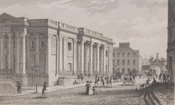 Antique print from 1832 of the Royal Exchange Dublin, which is now City Hall. The print was engraved by C I Smith and is after a drawing by William Bartlett.
