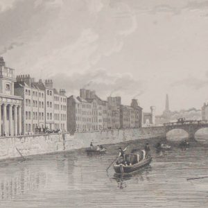 Antique print from 1832 of the Cloth Mart, Hone's Hotel & Queens' Bridge, Usher's Quay Dublin. The print was engraved by C I Smith and is after a drawing by William Bartlett.