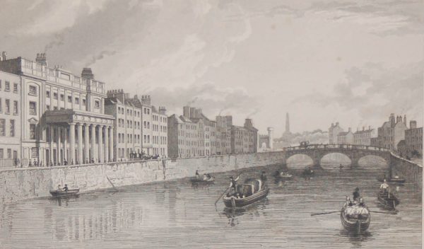 Antique print from 1832 of the Cloth Mart, Hone's Hotel & Queens' Bridge, Usher's Quay Dublin. The print was engraved by C I Smith and is after a drawing by William Bartlett.