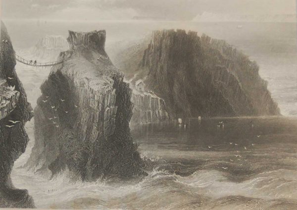 1850 antique print a steel engraving of Carrick A Rede rope bridge in County Antrim. The print was engraved by Charles Cousen and is after a drawing by W H Bartlett. 