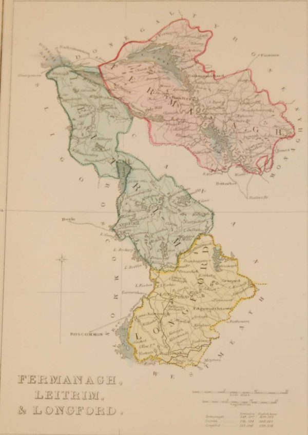 Antique colour Map of Fermanagh, Leitrim & Longford, the map was engraved by A Adlard and published by Hall and Virtue in London.