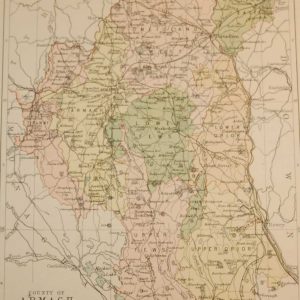 Antique map published in 1883 of County Armagh. The map breaks the county down into it's historical baronies including Oneilland West, Oneilland East, Lower Orior, Armagh, Tiranny, Upeer Fews, Upper Orior.