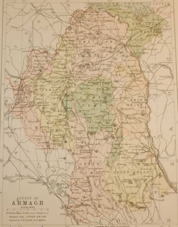 Antique map published in 1883 of County Armagh. The map breaks the county down into it's historical baronies including Oneilland West, Oneilland East, Lower Orior, Armagh, Tiranny, Upeer Fews, Upper Orior.
