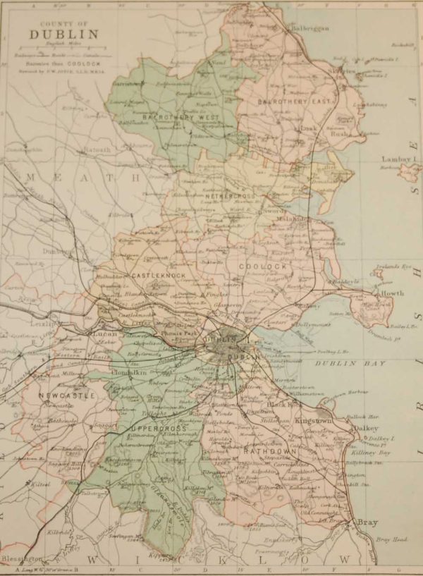 Antique map published in 1883 of County Dublin, Ireland. The map breaks the county down into it's historical baronies including Balrothery West, Balrothery East, Nethercross, Castleknock, Coolock, Newcastle, Uppercross, Rathdown.