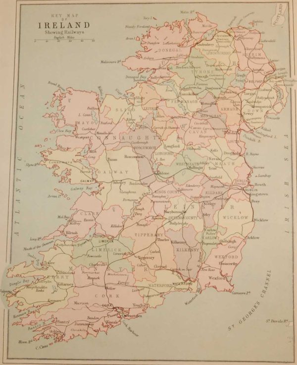 Antique map published in 1883 titled Key Map of Ireland Showing Railways. The map where done by John Bartholomew and where printed by George Philips.