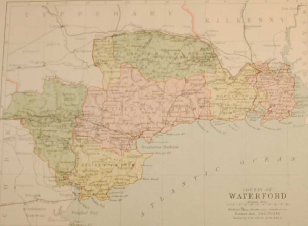 Antique map published in 1883 of County Waterford, Ireland. The map breaks the county down into it's historical baronies.