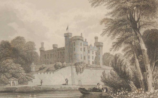 Antique print from 1832 of the Castle of Kilkenny 1832 Antique Print . The print was engraved by W Taylor and is after a drawing by Robertson.