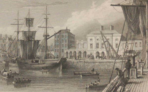 Antique print from 1832 of the Custom House Limerick . The print was engraved by E H Proctor and is after a drawing by William Bartlett.