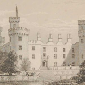 Antique print from 1832 of Kilkenny Castle North Front. The print was engraved by W Taylor and is after a drawing by Robertson.