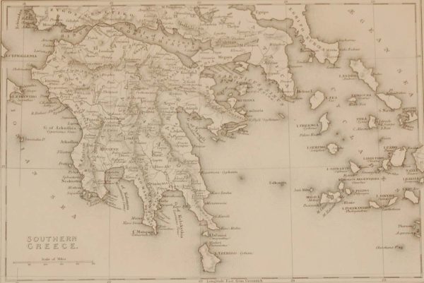 Antique map from the early Victorian period of Southern Greece. The map dates from 1840 and was drawn and engraved by J Dower, Pentonville, London.