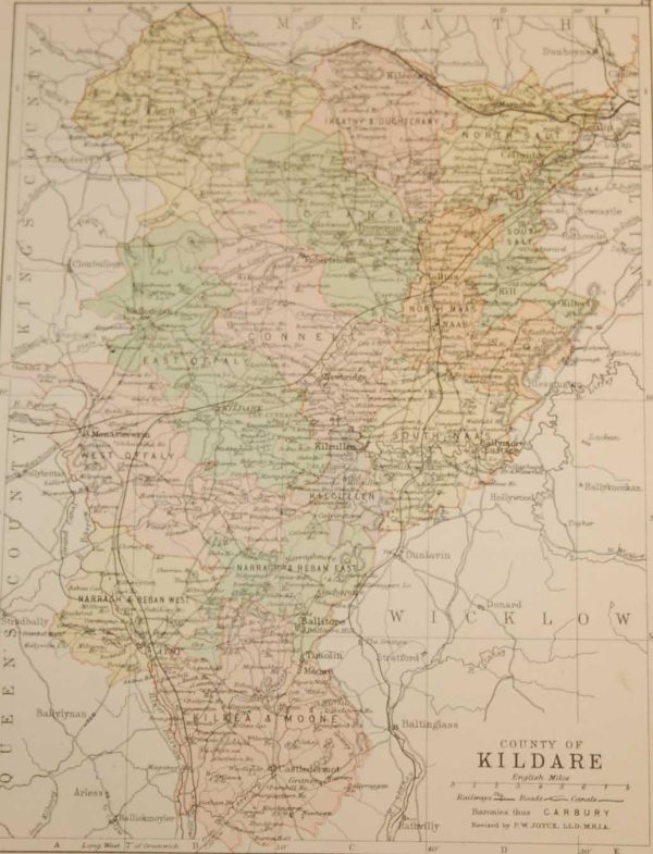Antique map of County Kildare, Ireland, circa 1880's. The map breaks the county down into it's historical baronies.