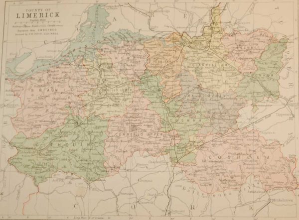 Antique map of County Limerick, Ireland, circa 1880's. The map breaks the county down into it's historical baronies.