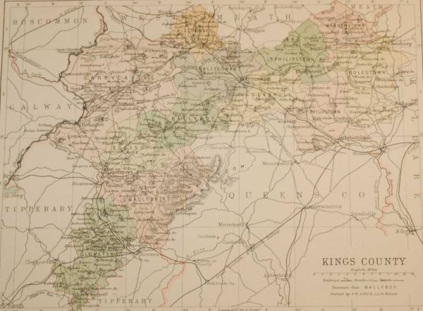 Antique map of County Offaly, Ireland, circa 1880's. The map breaks the county down into it's historical baronies.