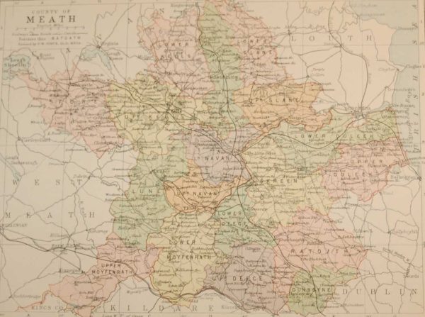 Antique map of County Meath, Ireland. The map breaks the county down into it's historical baronies including Slane, Kells, Fore, Lune, Moyfenrath, Deece, Navan, Dunboyne, Ratoath, Skreen.