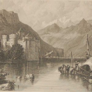 Antique Victorian print, an engraving published in 1840 after a painting by C Stanfield, titled Castle of Chillon. Engraved by R Wallis.