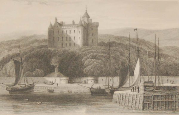 Antique Victorian print, an engraving published in 1840 after a painting by W Daniell R.A. titled Dunrobin Castle. The work was engraved by M J Starling.