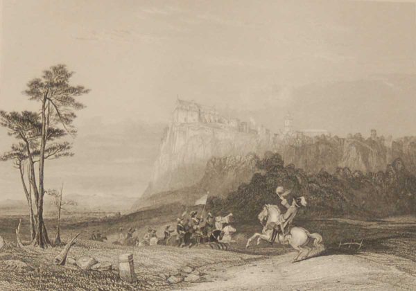 Antique Victorian print, an engraving published in 1840 after a painting by G Cattermole, titled Stirling Castle. The work was engraved by E Radclyffe.