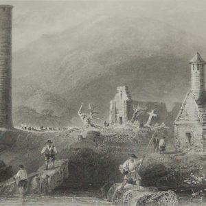 Pair of antique prints from the 1840's of Glendalough & the Round Tower Glendalough, County Wicklow.