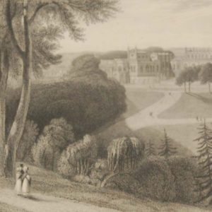Antique Victorian print, an engraving published in 1840 after a painting by William Daniel R.A., titled Bishops Auckland Palace. Engraved by James Redaway.
