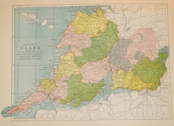 Antique map of County Clare. The map breaks the county down into it’s historical baronies including Burren, Corcomroe, Inchquin, Bunratty, Moyarta, Ibricken, Tulla & Islands.