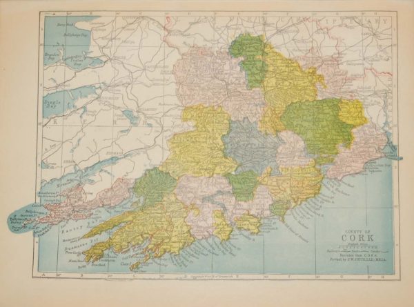 Antique map of County Cork. The map breaks the county down into it’s historical baronies including Orrery & Kilmore, Duhallow, Fermoy, Barretts, Gondons Clangibbon, West Muskerry, Eastmuskerry, Kinalmeaky, West Carberry.
