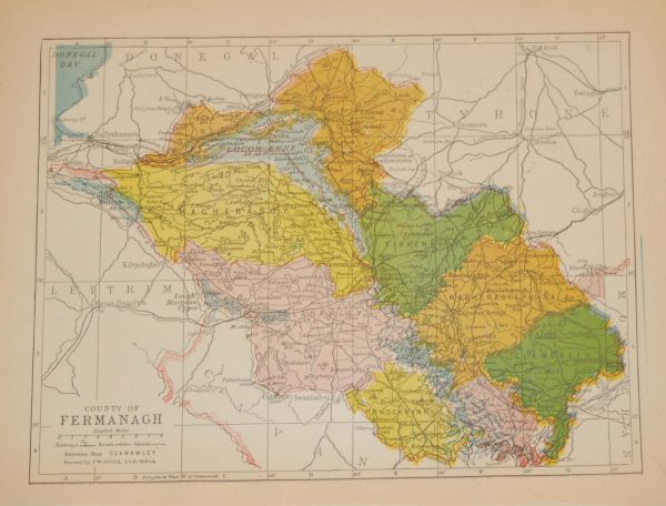 Antique map of County Fermanagh. The map breaks the county down into it’s historical baronies including Clanawiley, Lurg, Tirkennedy, Magheraboy, Clanawley, Knockinny, Clan Kelly, Magherastephana.