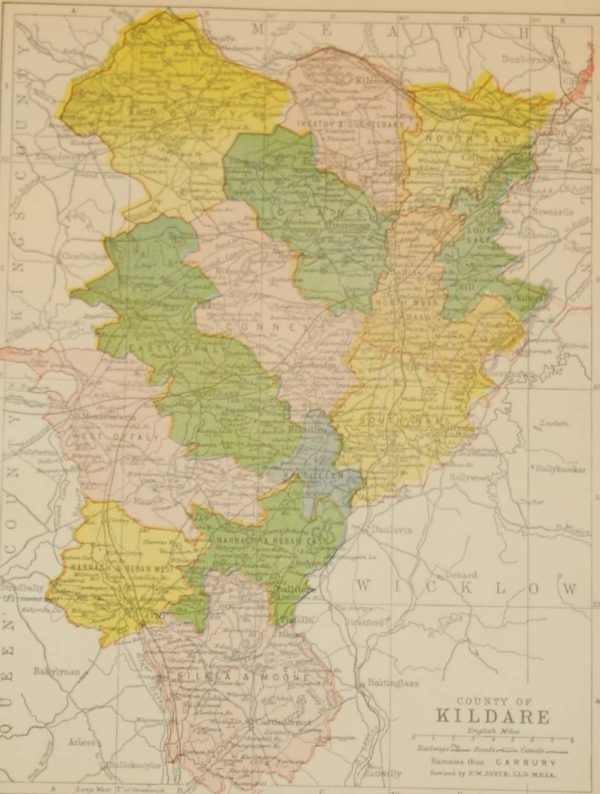 Antique map of County Kildare. The map breaks the county down into it’s historical baronies including Carbury, Clane, Ikeathy & Oughterany, North and South Salt, East & West Offaly, Connell, Kilcullen, North & South Naas.