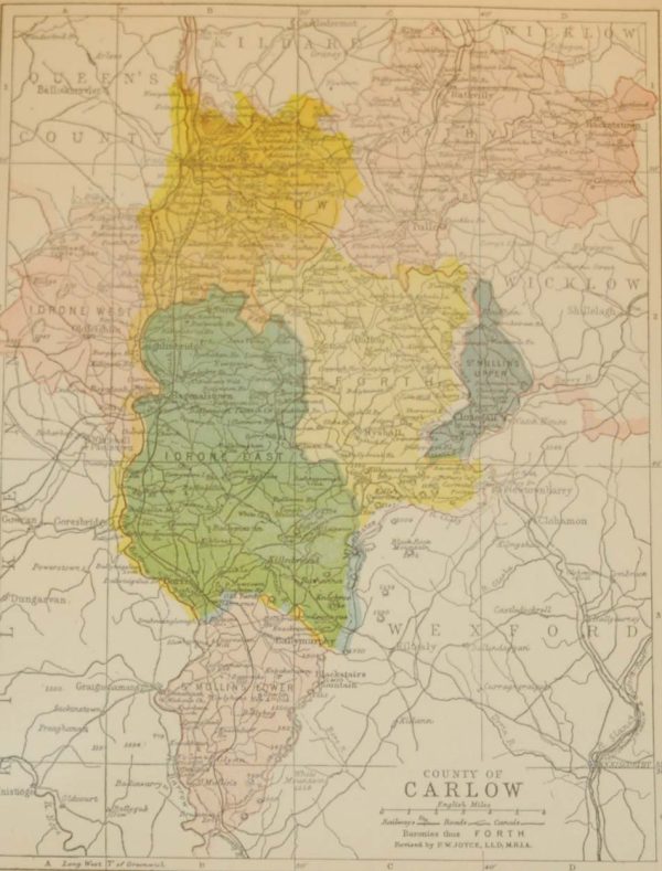 Antique map published in 1902 of County Carlow, Ireland. The map breaks the county down into it's historical baronies including Rathvilly, Carlow, Idrone West, Idrone East, Forth, St Mullins Upper, St Mullins Lower.