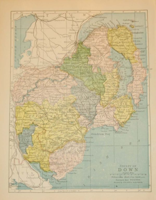 Antique map of County Down. The map breaks the county down into it’s historical baronies including Ards, Castlereach, Castlereagh, Iveagh, Kinelarty, Lecale.