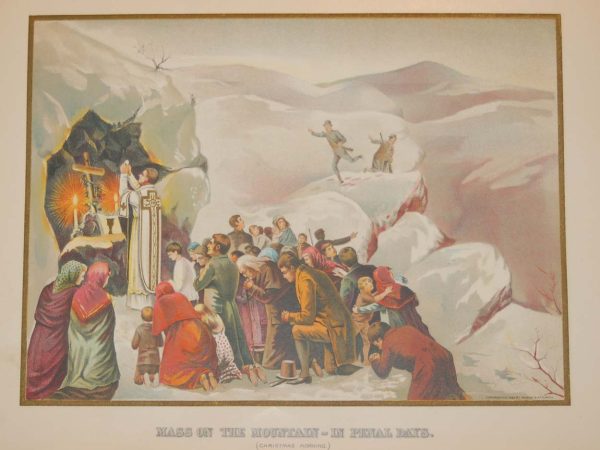 Antique print from 1902, titled, Mass on the Mountain -in Penal Days (Christmas Morning)