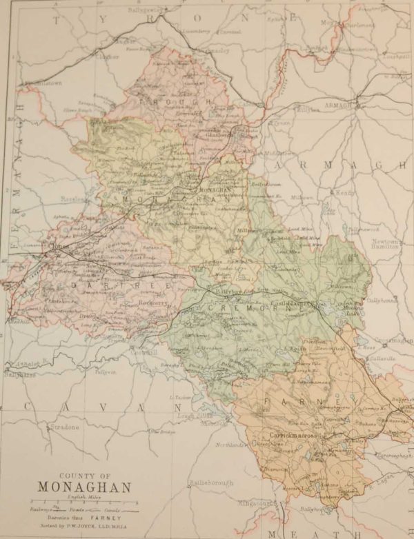 Antique map of County Monaghan, Ireland. The map breaks the county down into it's historical baronies including Trough, Dartree, Monaghan, Cremorne and Farney.