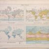 Antique World Map by John Bartholomew from the 1890's. The map is broken down into 4 smaller maps, Prevailing winds, ocean currents, mean annual rainfall and climate chart.