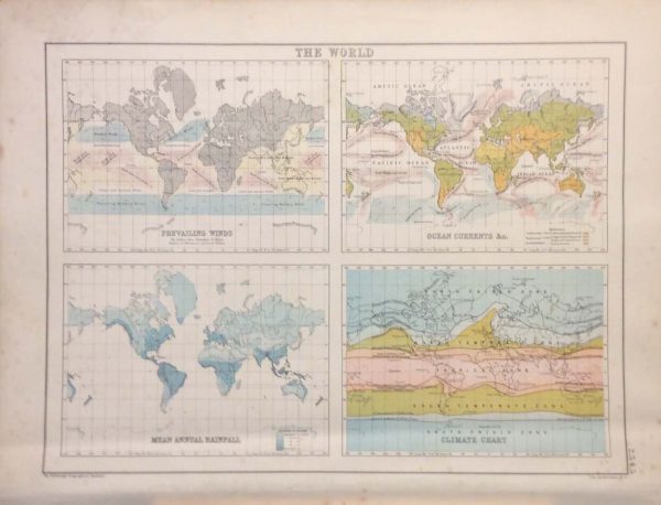 Antique World Map by John Bartholomew from the 1890's. The map is broken down into 4 smaller maps, Prevailing winds, ocean currents, mean annual rainfall and climate chart.