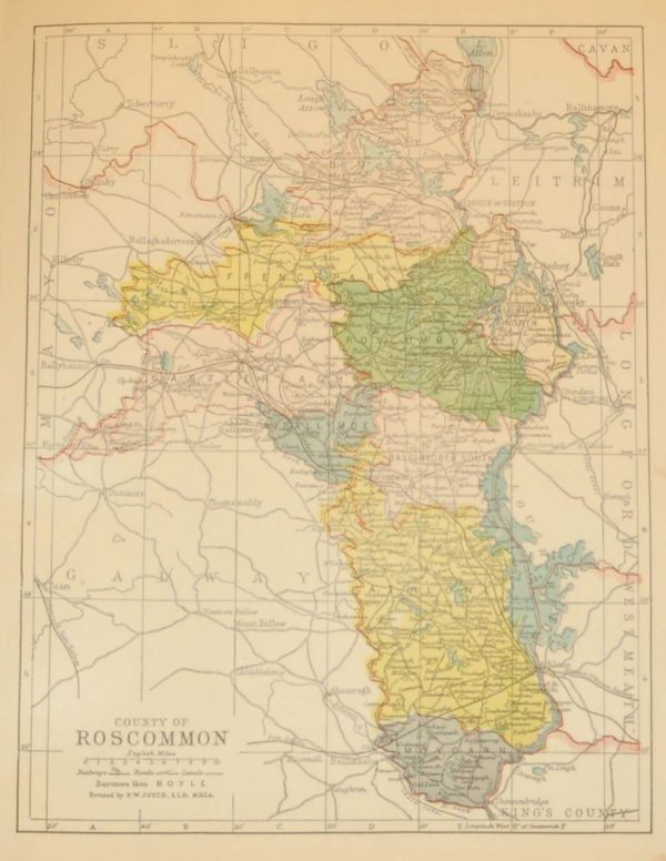 Antique map from 1902 of County Roscommon. The map breaks the county down into it’s historical baronies.